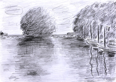 Drawing titled "Reflets dans l'eau1" by Jean Mirre, Original Artwork, Pencil