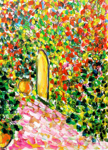 Peinture intitulée "Cour fleurie" par Jean Mirre, Œuvre d'art originale, Huile