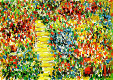 Peinture intitulée "Escalier fleuri" par Jean Mirre, Œuvre d'art originale, Huile