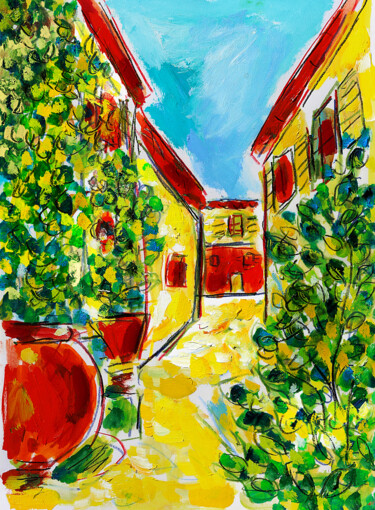 Painting titled "Village citron" by Jean Mirre, Original Artwork, Oil