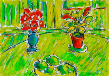 Peinture intitulée "Les poivrons verts" par Jean Mirre, Œuvre d'art originale, Huile