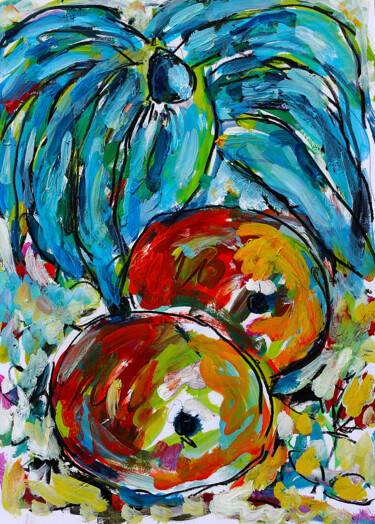 Painting titled "Pommes et plante gr…" by Jean Mirre, Original Artwork, Oil