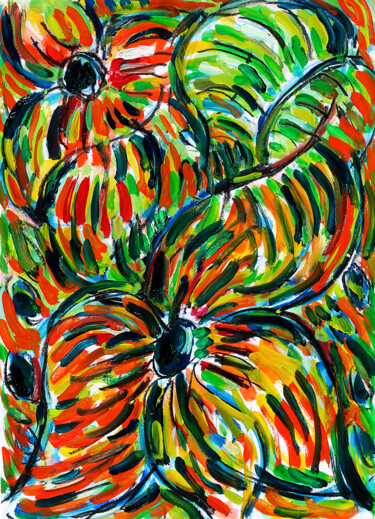 Malerei mit dem Titel "Feuilles et fleurs" von Jean Mirre, Original-Kunstwerk, Öl