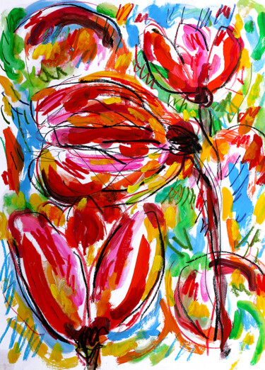 Painting titled "Red tulips" by Jean Mirre, Original Artwork, Oil