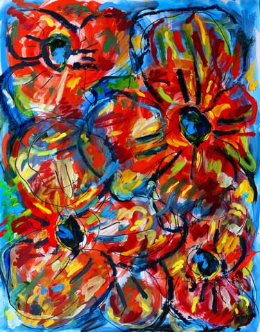 Pintura intitulada "Fleurs et guerre" por Jean Mirre, Obras de arte originais, Óleo