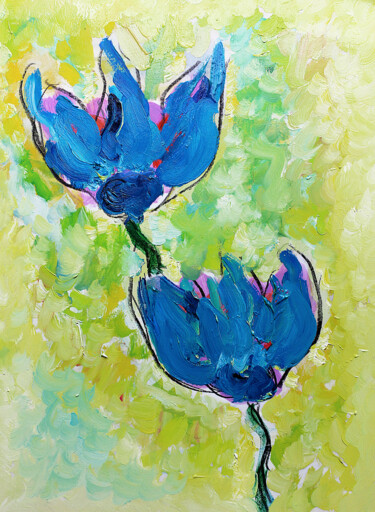 Painting titled "Tulipes bleues" by Jean Mirre, Original Artwork, Oil