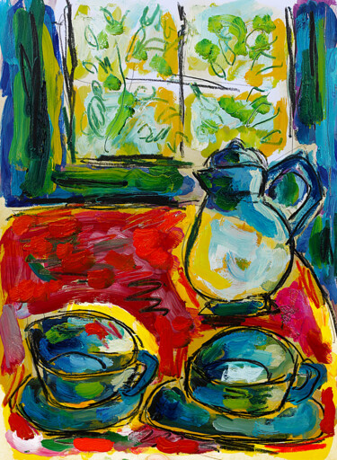 Peinture intitulée "Tasses et cafetière" par Jean Mirre, Œuvre d'art originale, Huile