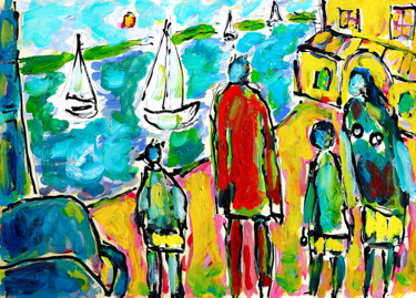 Painting titled "Famille à la mer" by Jean Mirre, Original Artwork, Oil