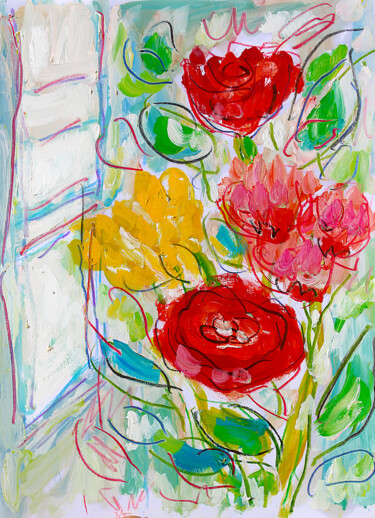 Peinture intitulée "Roses et fenêtre" par Jean Mirre, Œuvre d'art originale, Huile