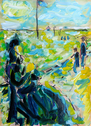 Pittura intitolato "Lecture sur la plage" da Jean Mirre, Opera d'arte originale, Olio