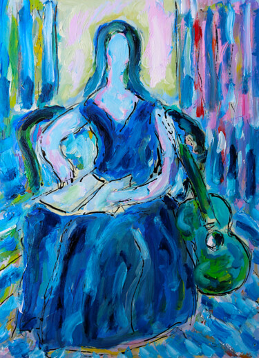 Painting titled "Femme à la guitare…" by Jean Mirre, Original Artwork, Oil