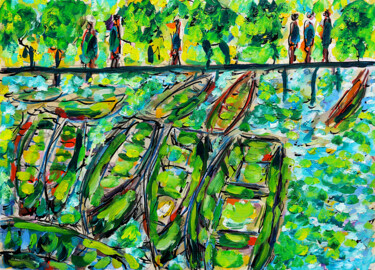 Schilderij getiteld "Les barques1" door Jean Mirre, Origineel Kunstwerk, Olie