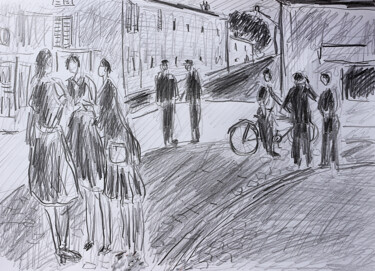 Zeichnungen mit dem Titel "Rue d'antan" von Jean Mirre, Original-Kunstwerk, Bleistift