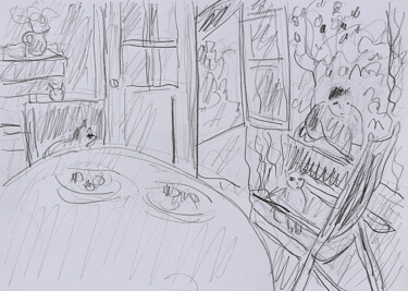 Rysunek zatytułowany „Dining-room Bonnard…” autorstwa Jean Mirre, Oryginalna praca, Ołówek
