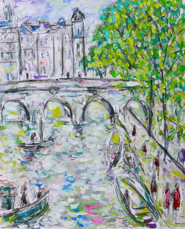 Painting titled "Seine et péniches s…" by Jean Mirre, Original Artwork, Oil Mounted on Wood Stretcher frame