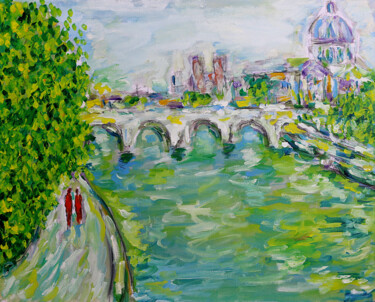Painting titled "Pont des Arts1" by Jean Mirre, Original Artwork, Oil Mounted on Wood Stretcher frame