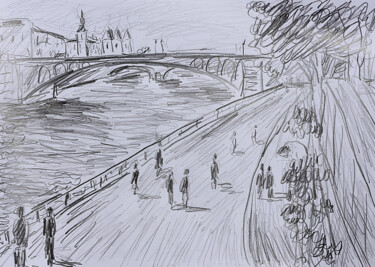 Drawing titled "Pont Notre-Dame" by Jean Mirre, Original Artwork, Pencil