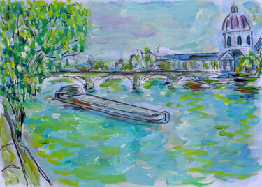 Peinture intitulée "Péniche sur la Seine" par Jean Mirre, Œuvre d'art originale, Huile