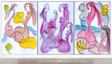 Schilderij getiteld "TRIPTYQUE PLAGE" door Jean Mirre, Origineel Kunstwerk, Olie