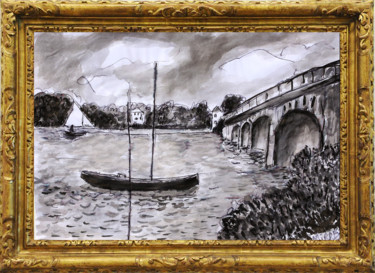 Malerei mit dem Titel "Monet, le pont rout…" von Jean Mirre, Original-Kunstwerk, Tinte