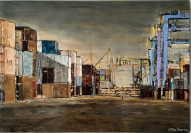 Painting titled "Cargo City" by Jeanne-Marie Delbarre, Original Artwork, Acrylic Mounted on Wood Stretcher frame