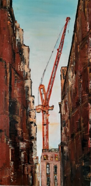 Painting titled "La Grue Rouge" by Jeanne-Marie Delbarre, Original Artwork, Acrylic Mounted on Wood Stretcher frame