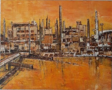 Painting titled "Usine au couchant" by Jeanne-Marie Delbarre, Original Artwork, Acrylic Mounted on Wood Stretcher frame