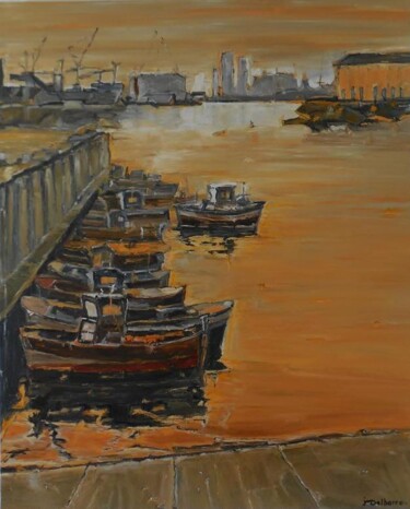 Painting titled "Port de Barcelone" by Jeanne-Marie Delbarre, Original Artwork, Oil Mounted on Wood Stretcher frame