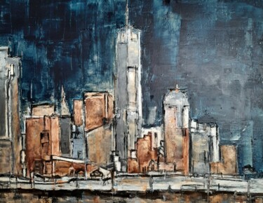 Painting titled "Manhattan le soir" by Jeanne-Marie Delbarre, Original Artwork, Oil Mounted on Wood Stretcher frame