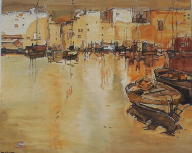 Painting titled "Port Jaune" by Jeanne-Marie Delbarre, Original Artwork, Oil
