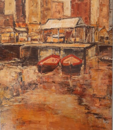 Painting titled "Les Deux Barques" by Jeanne-Marie Delbarre, Original Artwork, Oil Mounted on Wood Stretcher frame