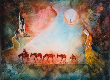 Painting titled "Les chevaux de Don-…" by Christian Jeannet, Original Artwork, Oil Mounted on Wood Stretcher frame