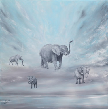 Painting titled "CIEL des. ELEPHANTS" by Christian Jeannet, Original Artwork, Oil Mounted on Wood Stretcher frame