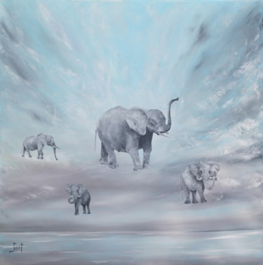 Pintura intitulada "CIEL des. ELEPHANTS" por Christian Jeannet, Obras de arte originais, Óleo Montado em Armação em madeira