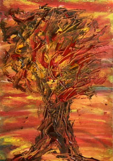 Malerei mit dem Titel "L'ARBRE AU COUCHANT" von Jeannette Allary, Original-Kunstwerk, Öl