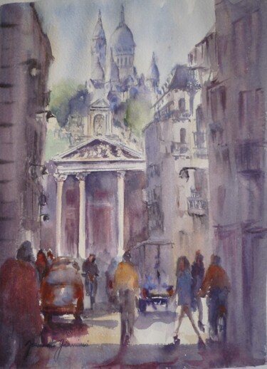 Painting titled "Paris au loin Montm…" by Jeannette Giannini, Original Artwork, Watercolor