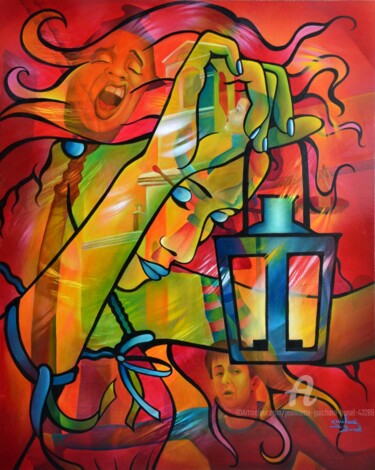 l'allumeuse de réverbère Peinture intitulée "l'allumeuse de réve…" par Jeannette Guichard-Bunel, Œuvre d'art originale, Huile
