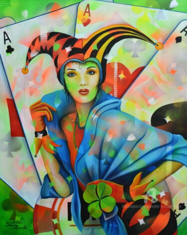 Painting titled "Joker" by Jeannette Guichard-Bunel, Original Artwork, Oil Mounted on Wood Stretcher frame