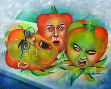 Schilderij getiteld "les poivrons poivro…" door Jeannette Guichard-Bunel, Origineel Kunstwerk, Olie Gemonteerd op Frame voor…