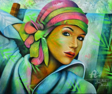 Painting titled "Dans mon jardin d'h…" by Jeannette Guichard-Bunel, Original Artwork, Oil Mounted on Wood Stretcher frame