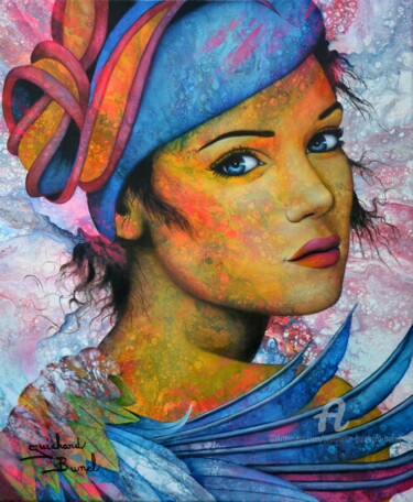 Painting titled "A en tutoyer les ét…" by Jeannette Guichard-Bunel, Original Artwork, Oil Mounted on Wood Stretcher frame