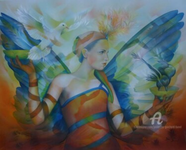 Painting titled "la pesée des anges" by Jeannette Guichard-Bunel, Original Artwork, Oil