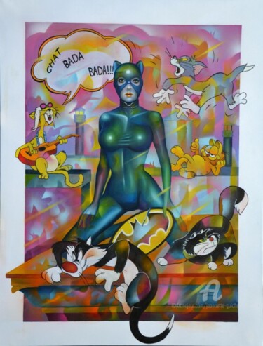 Peinture intitulée "Chat Bada Bada!!!" par Jeannette Guichard-Bunel, Œuvre d'art originale, Huile