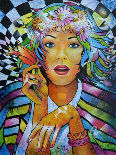 Peinture intitulée "flower-power" par Jeannette Guichard-Bunel, Œuvre d'art originale, Huile