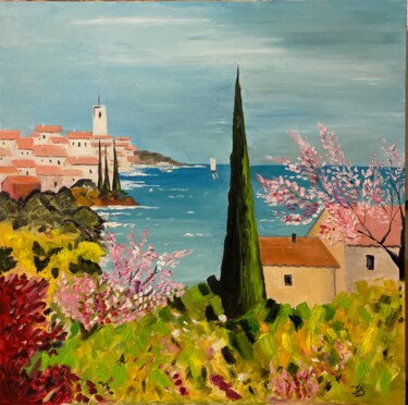 Painting titled "Greece views" by Janna Kasimova, Original Artwork, Oil Mounted on Wood Stretcher frame