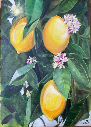 Painting titled "Georgian lemons" by Janna Kasimova, Original Artwork, Oil Mounted on Wood Stretcher frame
