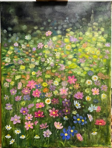 Malerei mit dem Titel "A spring meadow" von Janna Kasimova, Original-Kunstwerk, Öl
