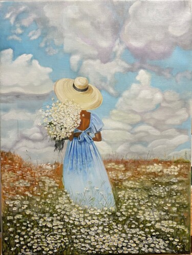 Картина под названием "In chamomiles" - Janna Kasimova, Подлинное произведение искусства, Масло