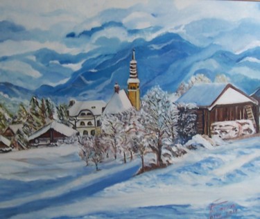 Painting titled "Eglise sous la neige" by Françoise Collin, Original Artwork, Oil