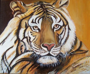 Pintura intitulada "La tête du tigre" por Françoise Collin, Obras de arte originais, Óleo